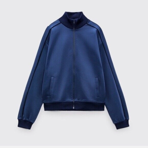 Zara Dark Teal Blue Full Zip Retro Track Jacket Women’s Size Small - Picture 2 of 4